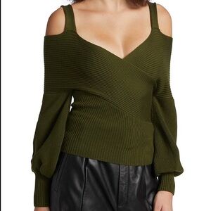 Amur merino wool olive green Violetta cold shoulder sweater